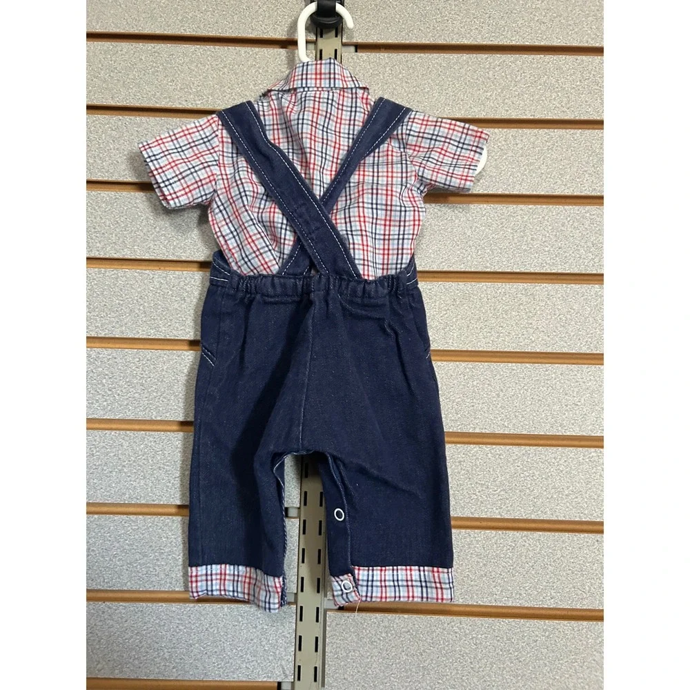 Vintage Cotton Candy Kids Denim Overalls and Plaid Shirt 2 Piece Set Blue Red
